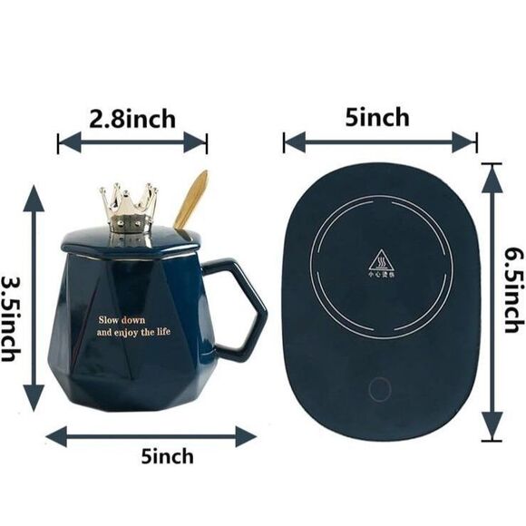 Brand New Pink coffee warmer mug& hot plate set + lid and golden spoon open box - Picture 8 of 8